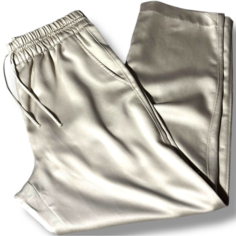 H&M Beige/Cream Soft Comfy High Drawstring Waist Satin Cropped Trousers - Picture 13 of 13